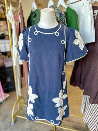 Navy & Ivory Vine Embroidered Mini Dress