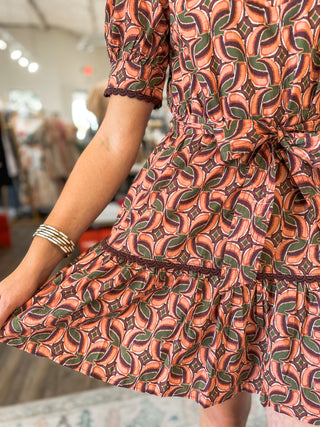 Autumn Mosaic Belted Scallop Trim Mini Dress