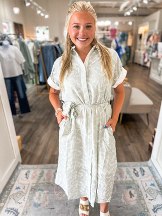 Light Sage Collared Airy As a Feather Midi Dress