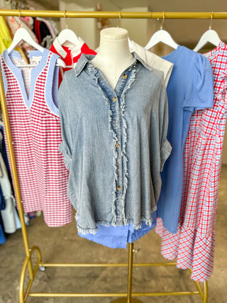 Summertime Love Frayed Trim Denim Button Top