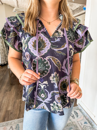 Luna Vine Ruffle Sleeve Top