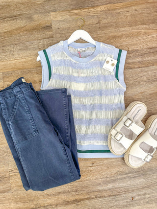 Hues of Blue Striped Sleeveless Top W/ Hunter Green Striped Accent Band