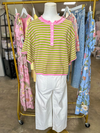 Strawberry Matcha Striped Short Sleeve Henley Knit Top