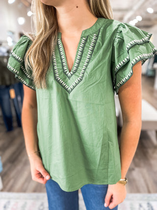 The Madeline Olive Flutter Sleeve Top