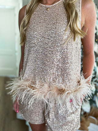 Golden Holiday Sparkle Feather Trim Top