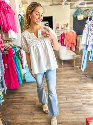 White Textured Mini V Neck Poplin Top