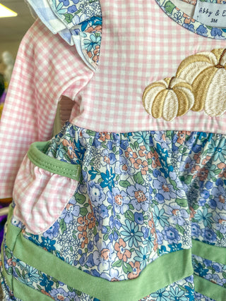 Blue Floral Pumpkin Embroidery Ruffle Bloomer Set