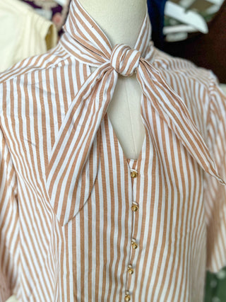 Camel Striped Magnolia Bow Button Down Blouse