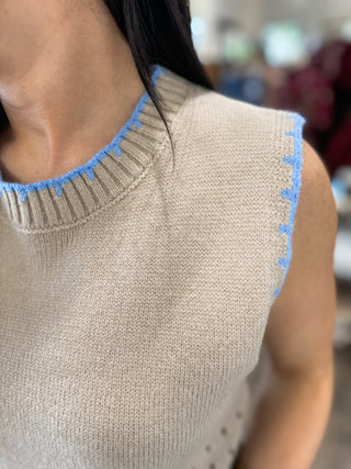 Beige & Blue Playful Trim Sweater Vest
