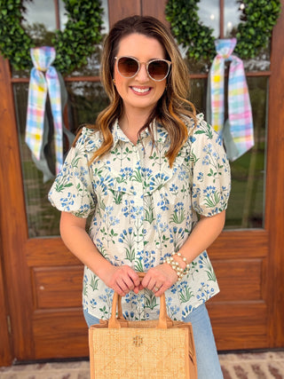 Blue & Green Ditsy Floral Ruffle Defined Collar Top