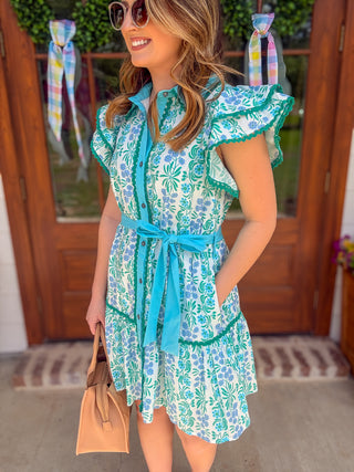 Blue Fresh Picked Floral Flutter Sleeve Mini Dress