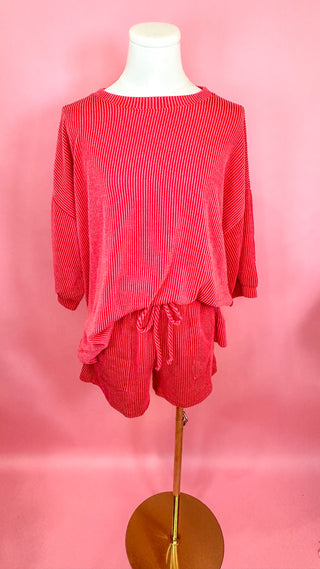 Red Corded Basic Round Neck Top