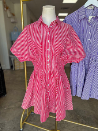 Red Classic Stripes Smocked Pleated Mini Dress