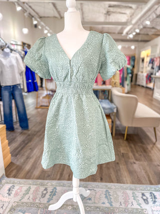 Light Sage Floral Jaquard Elastic Waist Mini Dress