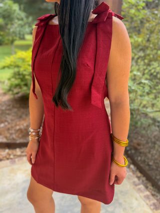 Burgundy Poised & Polished Straight Neckline Bow Ties Mini Dress
