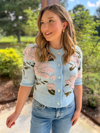 Powder Blue Pink Petal & Knit Short Sleeve Cardigan