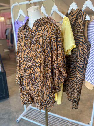 Tiger Print Brown/Black Boxy Cropped Shirt & Shorts Set