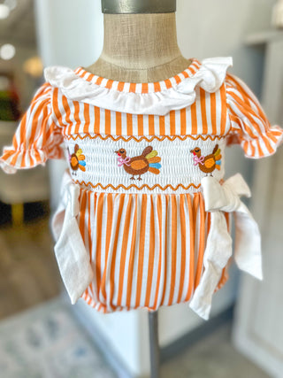 Fall Thanksgiving Chicken Smock Embroidered Orange Stripes Baby Girl Bubble