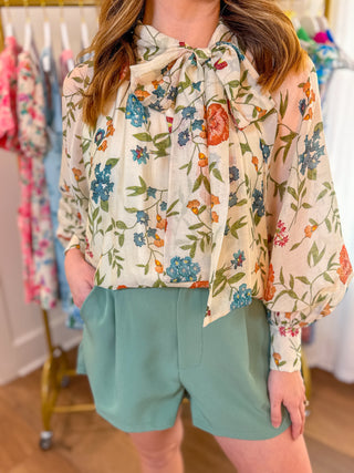 Ecru Garden Grace Bow Tie Neck Top