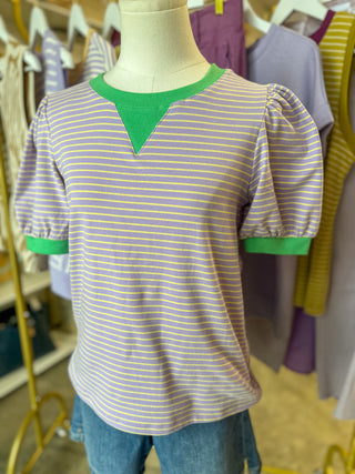 Lavender/Green Contrast Krewe Favorite Puff Sleeve Top