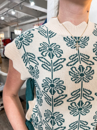 Hunter Green Look This Way Sleeveless Bow Tie Sweater Scallop Edge