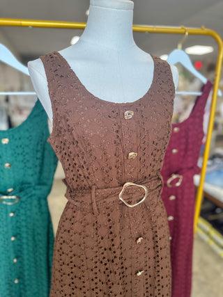 Brown Charlotte Eyelet Belted Maxi Dress