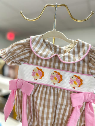 BUBBLE_- Fall Thanksgiving Lapel Plaid Chick Embroidery Smocking Bow Girls Bubble