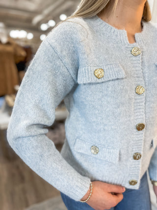 Light Blue Dreamscape Gold Button Cardigan