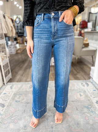 Aura Dark Wash High Rise Ankle Wide Trouser Jeans