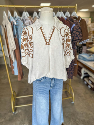 Oatmeal & Brown Frontier Floral Embroidered Top