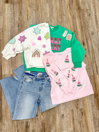 Pink Gingerbread House Family Tradition Sequin Sweatshirt