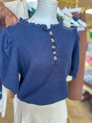 Navy Feminine Edge Puff Sleeve Sweater