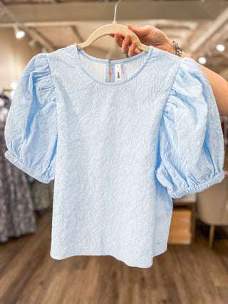 Blue Daydreamer Round Neck Puffed Sleeve Blouse