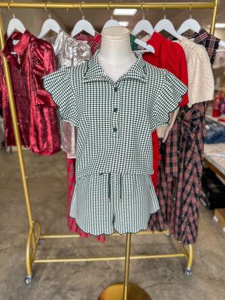 Hunter Green Charming Checkered Shorts Set
