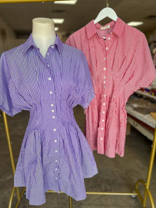 Purple Pinstripe Pleated Button Down Mini Dress