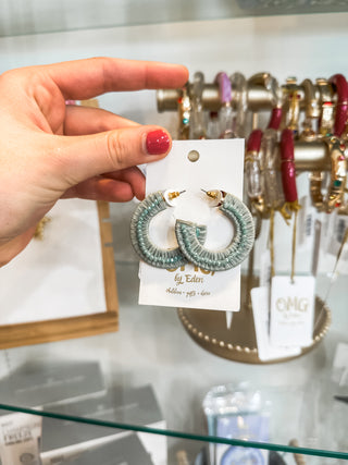 Sage & Light Blue Bead Wrapped Hoop Earrings
