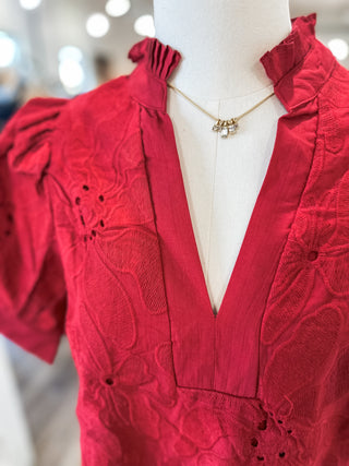 Red Everleaf Eyelet Short Sleeve V-Neck Top