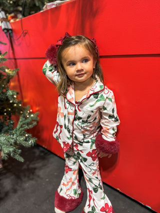 Holiday Bow Print Christmas Pajama Set - Girls Cozy Red Trim Sleepwear