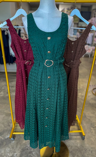 Hunter Green Charlotte Eyelet Belted Maxi Dress
