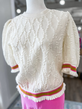 Off White Diamond Puff Sleeve Textured Ruffle Band Top