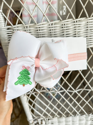 Pink Christmas Tree Embroidered Headband Bow