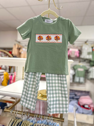 Fall Thanksgiving Chicken Smock Embroidered Green Plaid Boys Set