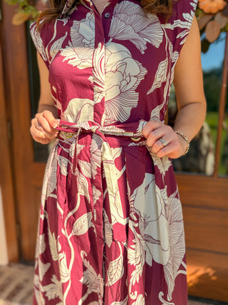 Burgundy Garden Society Collared Tie Waist Maxi Dress