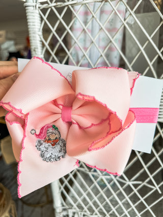 Pink Santa Embroidered Headband Bow