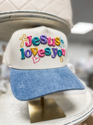 Jesus Loves You Denim Trucker Hat