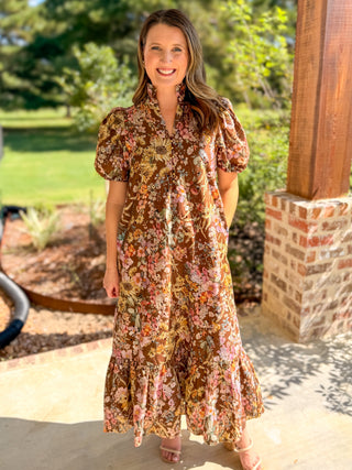 Brown Fields of Florals Eyelet Midi Dress