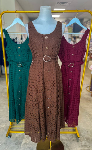 Brown Charlotte Eyelet Belted Maxi Dress