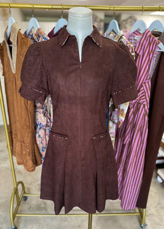 Cocoa Couture Pleated W/ Leopard Piping Suede Mini Dress