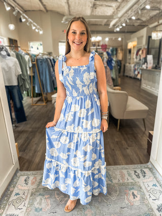 The White Flower Smocking Light Blue Tiered Maxi Dress with Shoulder Ties