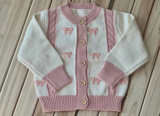 Cream W/ Pink Trim Bow Knit Sweater